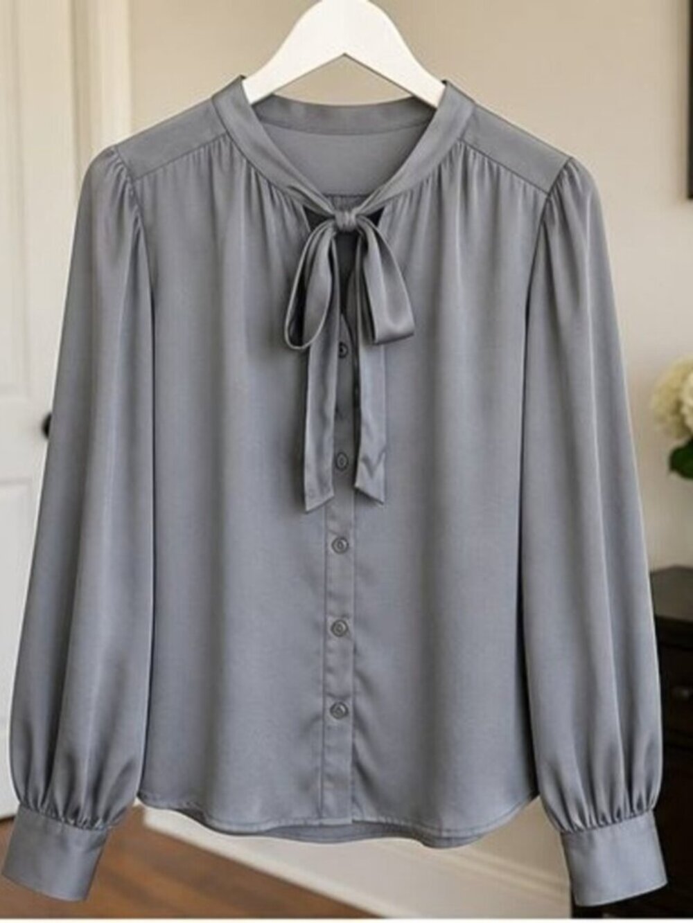 Gray Tie Neck Blouse